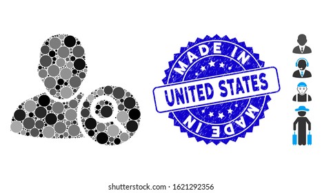 Collage search user icon and distressed stamp seal with Made in United States text. Mosaic vector is created with search user icon and with randomized circle elements.
