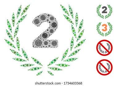 Collage second laurel wreath designed from SARS virus icons in different sizes and color hues. Vector infection items are composed into abstract collage second laurel wreath icon.