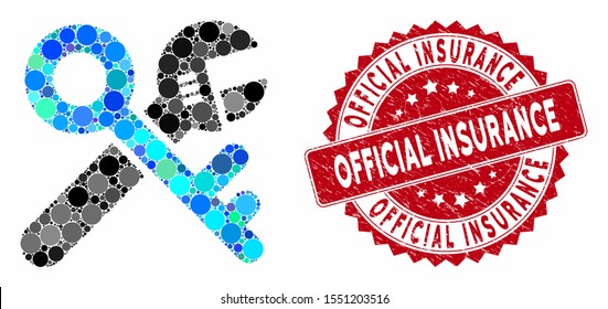 Collage security tools and grunge stamp seal with Official Insurance caption. Mosaic vector is composed with security tools icon and with scattered circle spots.