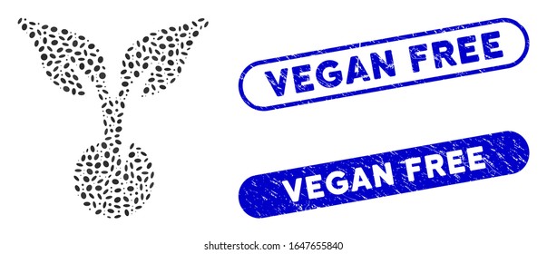 Collage seed sprout and rubber stamp seals with Vegan Free phrase. Mosaic vector seed sprout is created with randomized oval dots. Vegan Free stamp seals use blue color,