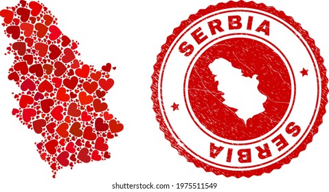Collage Serbia map composed with red love hearts, and unclean seal. Vector lovely round red rubber seal stamp imitation with Serbia map inside.