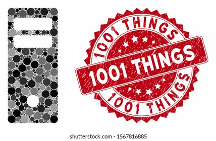 Collage server mainframe and grunge stamp seal with 1001 Things text. Mosaic vector is designed from server mainframe icon and with scattered spheric elements. 1001 Things stamp seal uses red color,