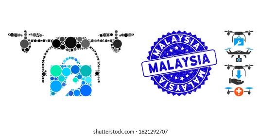 Collage service drone icon and grunge stamp seal with Malaysia phrase. Mosaic vector is composed with service drone icon and with randomized round items. Malaysia stamp seal uses blue color,