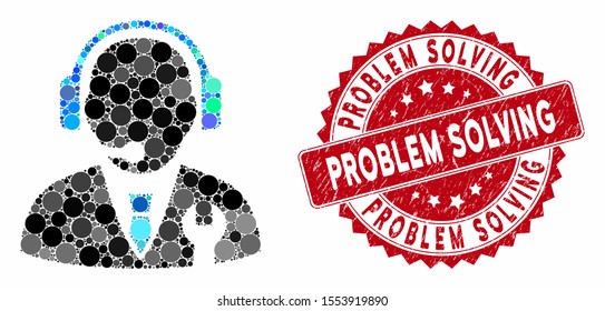 Collage service manager and corroded stamp seal with Problem Solving caption. Mosaic vector is created with service manager icon and with scattered spheric elements.