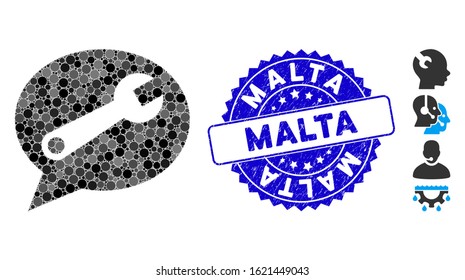 Collage service message icon and rubber stamp seal with Malta phrase. Mosaic vector is formed with service message icon and with random circle elements. Malta stamp seal uses blue color,