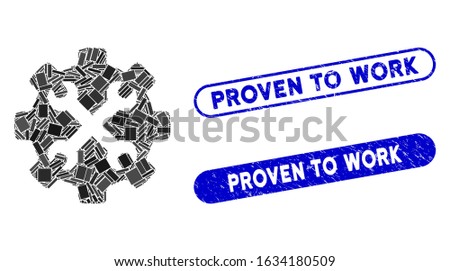 Collage service tools and corroded stamp seals with Proven to Work caption. Mosaic vector service tools is created with randomized rectangle items. Proven to Work stamp seals use blue color,