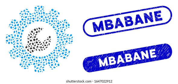 Collage service tools and distressed stamp seals with Mbabane text. Mosaic vector service tools is formed with randomized oval dots. Mbabane stamp seals use blue color, and have round rectangle shape.