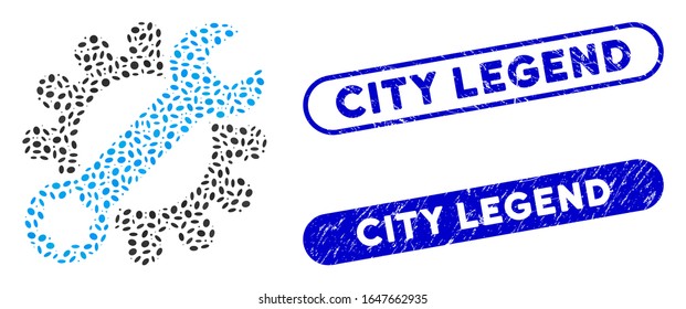 Herramientas de servicio de recambio y sellos de sellos de estampado con texto de leyenda de ciudad. Las herramientas de servicio de vector mosaico se forman con puntos de elipse aleatorios. Sellos de sello de la leyenda de la ciudad de color azul,
