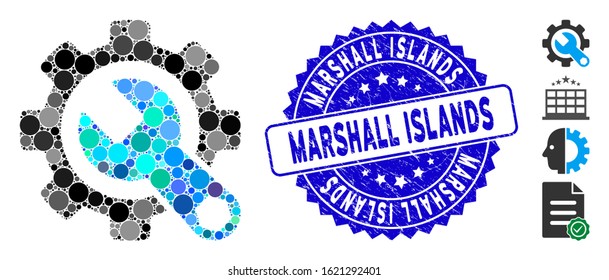 Collage service tools icon and corroded stamp seal with Marshall Islands caption. Mosaic vector is designed with service tools icon and with randomized spheric items.