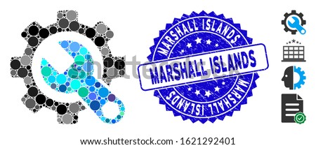 Collage service tools icon and corroded stamp seal with Marshall Islands caption. Mosaic vector is designed with service tools icon and with randomized spheric items.