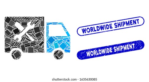 Collage service van and rubber stamp seals with Worldwide Shipment caption. Mosaic vector service van is composed with scattered rectangle items. Worldwide Shipment stamp seals use blue color,