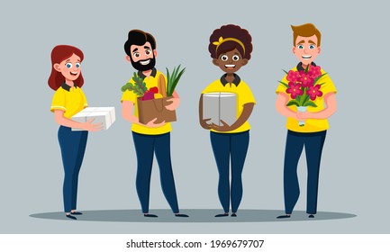Collage, set of cartoon character couriers, delivery people with orders isolated on background. Food, box, package, flowers delivery