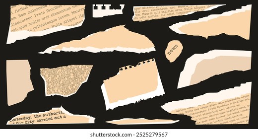 Collage Set elements for scrapbook. Trendy retro vintage paper cut, notebook sheet. Old rip torn paper collection. Craft retro gazettes, grunge papers collection. Isolated Vector illustration.