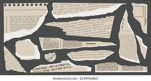 Collage Set elements for scrapbook. Trendy retro vintage paper cut, newspaper, notebook sheet. Old rip torn paper collection. Craft retro gazettes, grunge papers collection. Vector illustration.