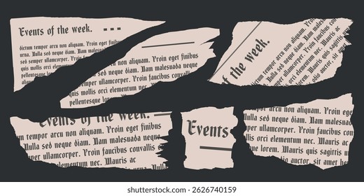 Collage Set elements for scrapbook. Trendy retro vintage paper cut, notebook sheet. Old rip torn collection. Craft retro gazettes, grunge newspaper sticker collection. Isolated Vector illustration.