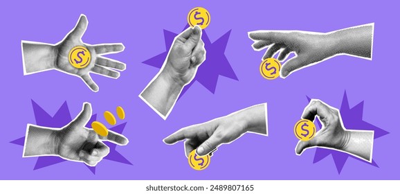 Collage with set of halftone hands, cash money and shapes. Payment, offer, saving money concept vector pop art retro style illustration. Design element for infographic, poster, website