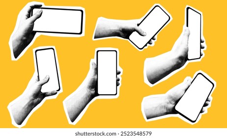 Collage set halftone hands holding smart phone. Modern vector rock illustration isolated cut out elements for infographic presentations mediapromotion poster website
