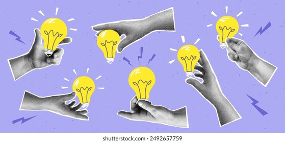 Collage with set of halftone hands and light bulbs. Creative idea generation or brainstorm concept vector pop art retro style illustration. design element for infographic, poster, website