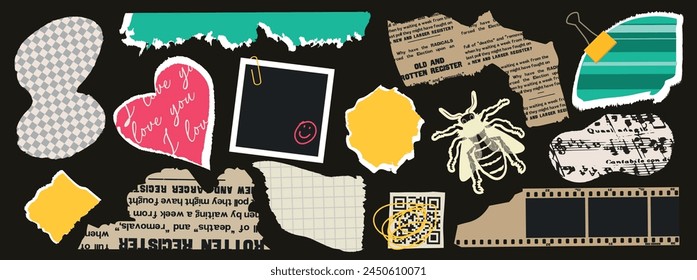 Collage set of  rip notepaper, scrap music sheet, retro gazette, torn newspaer, bee stamp, photographic film. Trendy collage vector set, retro modern stickers.