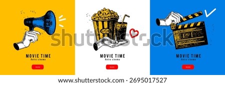 Collage set of sketch hand with clapperboard, megaphone and popcorn. Retro cinema and movie night background. Film studio, streaming platform, ticket service concept. Hand drawn vector illustration.