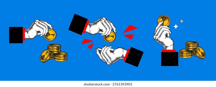 Collage set of sketch hands with coins. Saving budget, finance, banking, investment, insurance, credit, e-commerce, money concept. Hand drawn isolated vector illustration.
