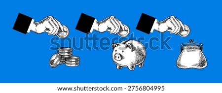 Collage set of sketch hands with coins, wallet and piggy bank. Saving budget, finance, banking, investment, insurance, credit, e-commerce, money concept. Hand drawn isolated vector illustration.