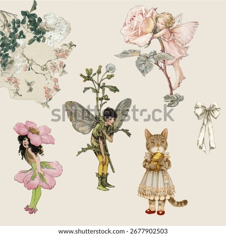 Collage set of Sticker vintage , rip notepaper, scrap music sheet, retro gazette, torn newspaer, stamp butterfly, plants, mouth. Trendy collage vector set, retro modern sticker