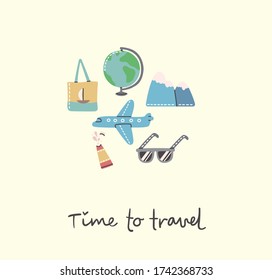 Collage set of travel related symbols: plane, ice-cream, luggage, cocktail, with let's go travel hand written text. Travel card, poster, banner vector flat style illustration.