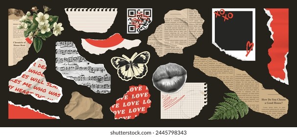 Collage set of wrinkled paper sheets, rip notepaper, scrap music sheet, retro gazette, torn newspaer, stamp butterfly, plants, mouth. Trendy collage vector set, retro modern stickers.