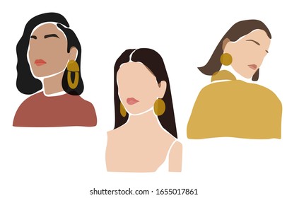 Collage set of young female face with golden earrings on white background, contemporary fashion portrait in a minimalist, abstract style,  hand drawn illustration for Beauty Concept, t-Shirt Print