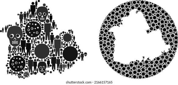 Collage Sevilla Province map constructed from covid infection items and people and death icons. Infection virus Sevilla Province map collage created with circle and subtracted space.