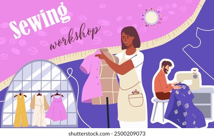 Collage sewing workshop, hand drawn vector illustration vector illustration.