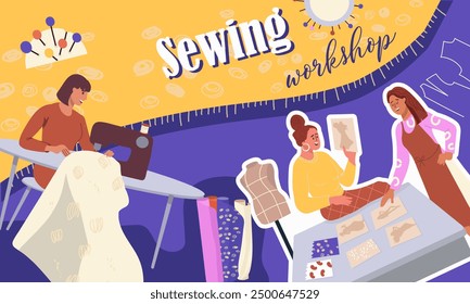 Collage sewing workshop, hand drawn vector illustration vector illustration.