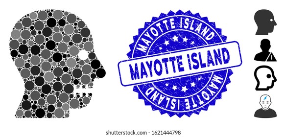 Collage sewn mouth icon and distressed stamp seal with Mayotte Island phrase. Mosaic vector is designed with sewn mouth icon and with random circle spots. Mayotte Island stamp seal uses blue color,