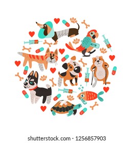 Collage in the shape of a circle. Cute sick animals with broken legs and fever. In a cartoon style. Cute template for veterinary clinics, veterinary pharmacies and animal shelters.