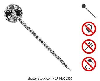 Collage sharp pin designed from flu virus icons in variable sizes and color hues. Vector pathogen elements are united into abstract collage sharp pin icon. Some bonus icons are added.