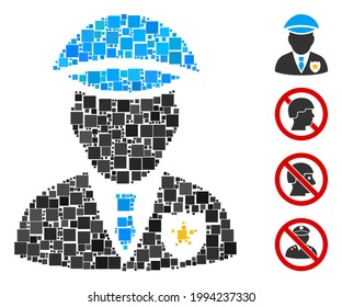 Collage Sheriff Symbol bestehend aus quadratischen Elementen in verschiedenen Größen und Farbtönen. Vektorquadratische Elemente sind in abstraktes Kompositionssymbol angeordnet. Bonuspiktogramme werden platziert.