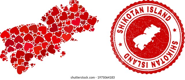 Collage Shikotan Island map designed from red love hearts, and rubber seal. Vector lovely round red rubber badge imprint with Shikotan Island map inside.