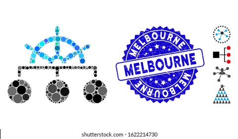 Collage ship wheel hierarchy icon and grunge stamp watermark with Melbourne text. Mosaic vector is formed with ship wheel hierarchy icon and with scattered spheric elements.