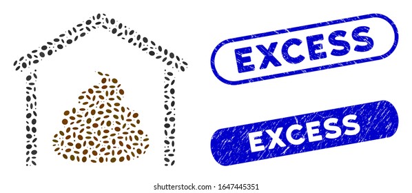 Sammeln Scheiße Lagerhahn und Gummistempeldichtungen mit Überschrift. Der Mückenhalterhahn für Vektorillustration wird mit randomisierten Ellipsenteilen erstellt. Überhöhte Stempelsiegel verwenden blaue Farben,