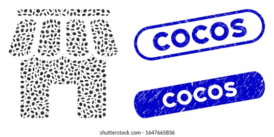 Collage shop building and rubber stamp seals with Cocos text. Mosaic vector shop building is composed with random oval pieces. Cocos stamp seals use blue color, and have round rectangle shape.