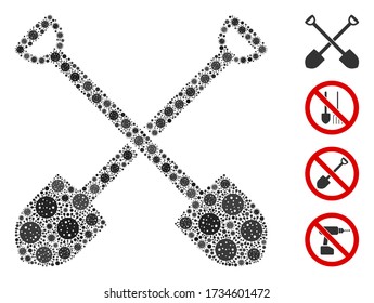 Collage shovels united from SARS virus elements in various sizes and color hues. Vector pathogen elements are united into abstract composition shovels icon. Some bonus icons are added.