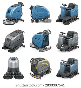 A collage showcasing different types of industrial and commercial floor cleaning machines and automatic scrubbers.