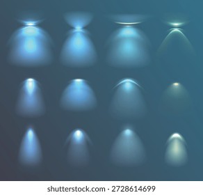 Un collage que muestra doce efectos de iluminación abstractos distintos, que se asemejan a focos o vigas en tonos de azul y verde.
