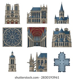 A collage showcasing various architectural details and floor plans of Gothic cathedrals, including facades, rose windows, and interiors.