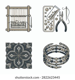 A collage showcasing various crafts including a weaving loom jewelry making tools and supplies and a mosaic art piece with a bracelet.