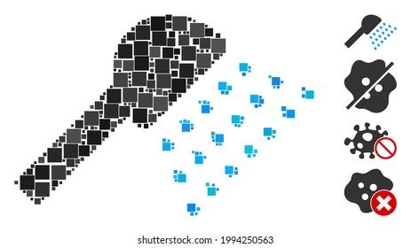 Collage Shower icon constructed from square items in different sizes and color hues. Vector square items are grouped into abstract collage shower icon. Bonus icons are added.
