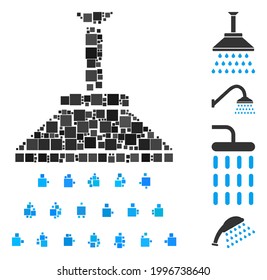 Collage Shower icon designed from square items in various sizes and color hues. Vector square items are combined into abstract collage shower icon. Bonus icons are added.