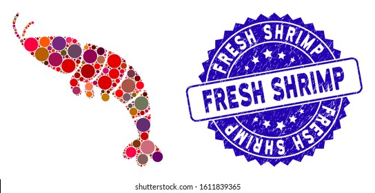 Collage shrimp icon and grunge stamp seal with Fresh Shrimp phrase. Mosaic vector is formed with shrimp icon and with random spheric elements. Fresh Shrimp stamp seal uses blue color,