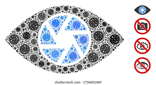 Collage shutter eye composed of flu virus icons in variable sizes and color hues. Vector infection items are grouped into abstract collage shutter eye icon. Some bonus icons are added.